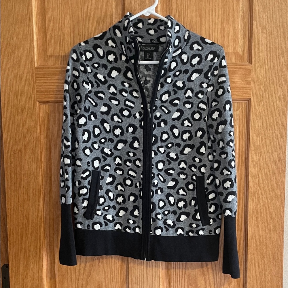Rachel Zoe Gray Leopard Zip-Up Jacket with Black Trim